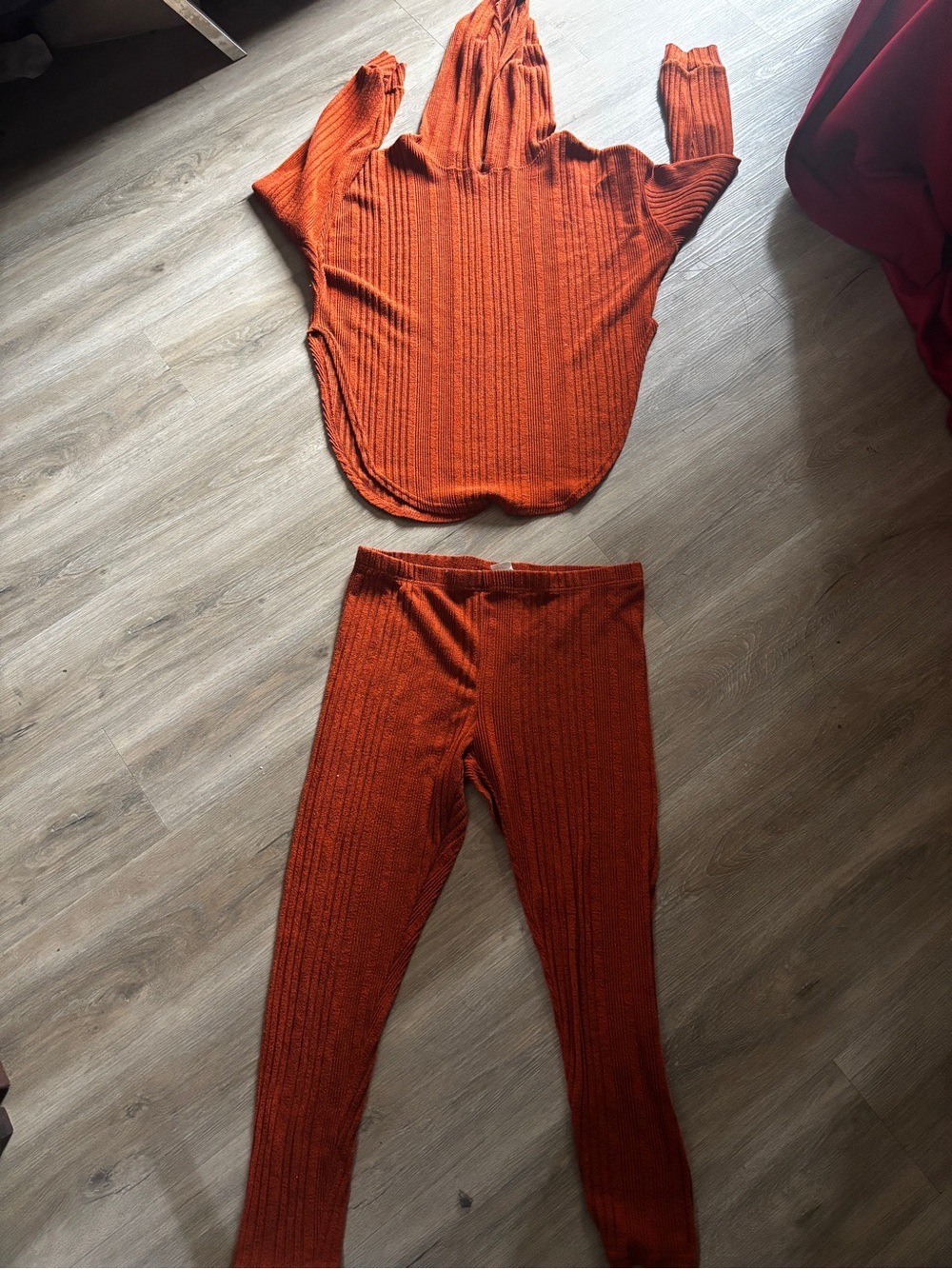 SHEIN Ribbed Hooded Top & Leggings Set - Rust Orange